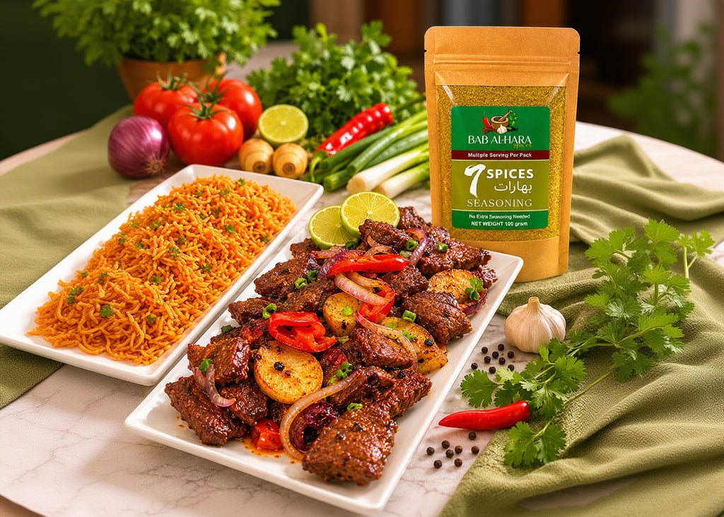Plated dish of seasoned meat with vegetables, rice, and Bab Al Hara spice package on a table.